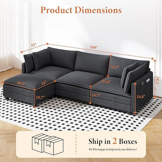 Vesgantti 109" L Shaped Cloud Sectional Couch, Comfy Corduroy Upholstered Modular Couches for Living Room, Modern 3 Seater Sectional Sofa with Ottoman Deep Seat, Dark Grey