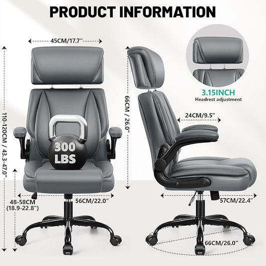 Office Chair, Ergonomic Desk Chair, Executive Leather Office Chairs with Lumbar Support, Adjustable Headrest & Armrests, Big and Tall Computer Chair, PC Chair with Rocking Function