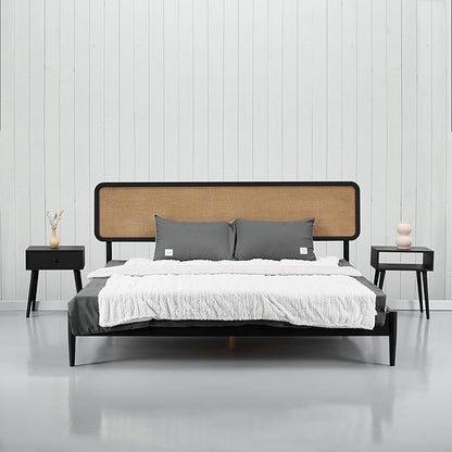 NTC Lupin Wooden Bed Frame with Headboard, Solid Oak and Rubber Wood Foundation with Silent Slats and Wood Central Supports, 1000 Lb Capacity, Effortless Assembly, Queen - Burnt Black