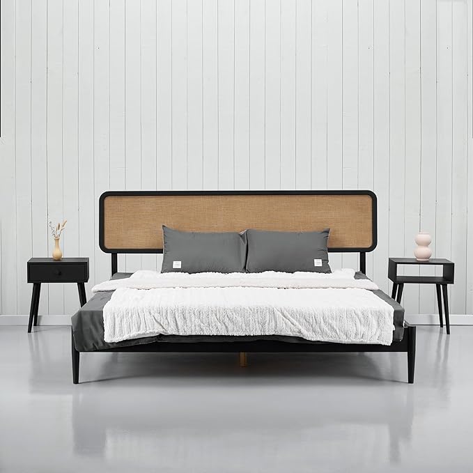 NTC Lupin Wooden Bed Frame with Headboard, Solid Oak and Rubber Wood Foundation with Silent Slats and Wood Central Supports, 1000 Lb Capacity, Effortless Assembly, King - Burnt Black