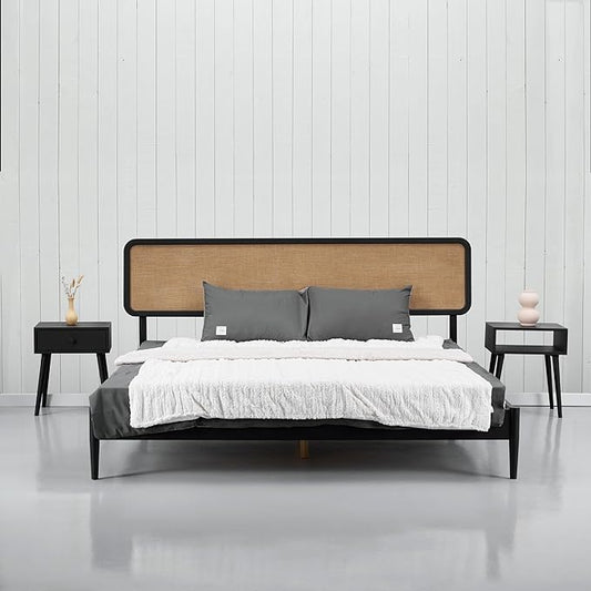 NTC Lupin Wooden Bed Frame with Headboard, Solid Oak and Rubber Wood Foundation with Silent Slats and Wood Central Supports, 1000 Lb Capacity, Effortless Assembly, King - Burnt Black