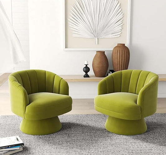 Swivel Accent Chair Set of 2,Upholstered Velvet 360° Swivel Barrel Chair for Living Room Overstuffed Bouncle Reading Chair Round Armchair for Bedroom,Vanity,Office (Grass Green)