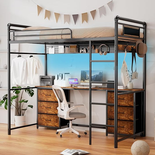 Loft Bed with Desk, Gaming Bunk Bed with Stairs, Twin Metal Loft Bed Heavy Duty Loft Beds for Adults, 6 Fabric Drawers, LED Lights & Charging Sation, No Noise & No Box Spring Needed, Black