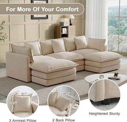 Modular Sectional Sofa, 111.5 Inch U-Shaped Cloud Sofa with Deep Seat Chenille Sofa with Cushions, Three-Self Sectional Sofa for Living Room Apartment,Light Coffee