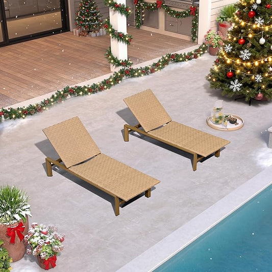 PURPLE LEAF Patio Oversized Chaise Lounge Rattan Chair Set of 2 Outdoor Pool Adjustable Recliner Wicker Chairs for Outside Woven Furniture Tanning Poolside Lounger Sand Brown