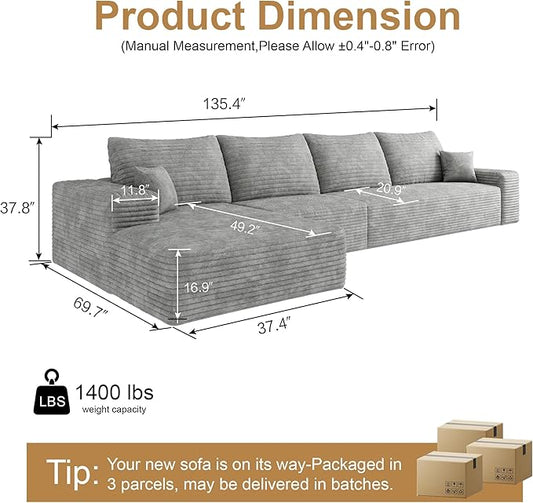 136" Sectional Couches for Living Room Modern Modular Sofa with L-Shape Couchs Upholstered Boneless Couch Deep Seat Sectional Couch with Chaise (Grey, Left Facing Chaise+3Seaters)