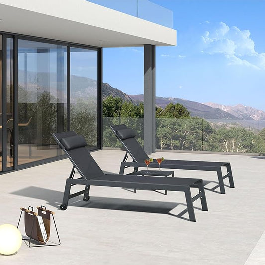 PURPLE LEAF Outdoor Lounge Chair Set of 3 Patio Chaise Pool Lounger Aluminum Frame with Side Table and Wheels for Outside Sunbathing Tanning Recliner Including Pillows Gray