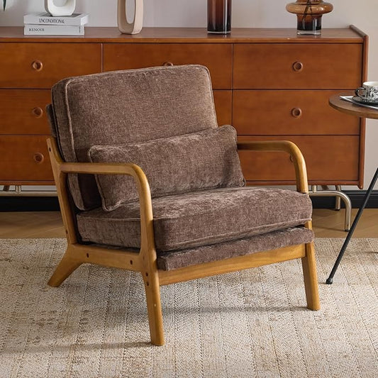 Karl home Mid Century Modern Accent Chair with Lumbar Pillow & Oak Arms – Plush Chenille Living Room Chair for Bedroom, Lounge (Brown)