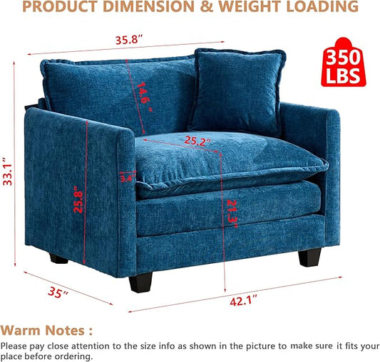 Aoowow Chenille Upholstered Accent Chair Oversized,Fluffy Single Cloud Sofa Chairs with Deep Seat,Modern Large Reading Arm Chair with Throw Pillow for Living Room,Bedroom (Blue, Single Sofa Chair)