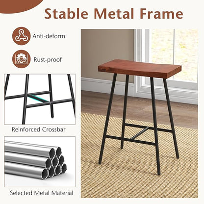 COSTWAY Industrial Bar Stools, 24-inch Backless Counter Height Saddle Stools with Footrest, Metal Legs, Adjustable Foot Pads, Barstools for Kitchen Island Cafe Restaurant, Walnut+Black (Set of 2)