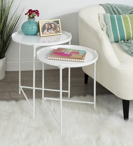 Kate and Laurel Ulani Modern Nesting Side Table, Set of 2, White, Sophisticated Glam End Tables for Storage and Display