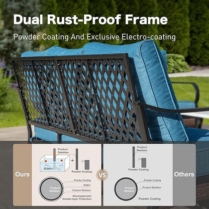 6 Piece Metal Outdoor Patio Furniture Set - 1 3-Seater Sofa, 2 Fixed & 2 Swivel Sofas with 5.75" Thick Cushion & Coffee Table - Black & Blue