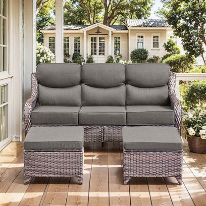 HUMMUH 7 Pieces Wicker Patio Furniture Set with Patio Swivel Chairs Set of 4,High Back Outdoor Sofa Ottomans,6 Inch Thick Cushions Outdoor Conversation Set for Porch, Balcony, Deck