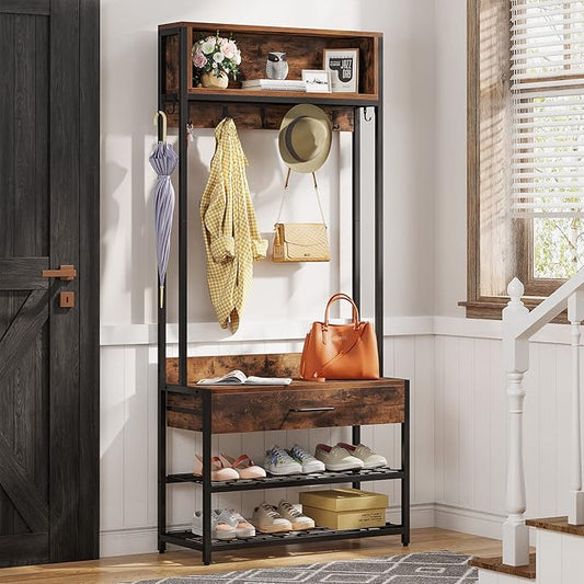 Tribesigns 3-in-1 Entryway Hall Tree with Drawer, Vintage Industrial Coat Rack with Shoe Bench and Hutch, Mudroom Bench with Shoe Storage Rack and 9 Hooks for Living Room Bedroom (Brown)