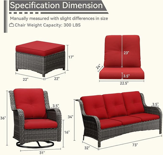 5 Pieces Outdoor Patio Furniture Set - Conversation Set Includes Wicker Swivel Rocker Chairs Set of 2, 2 Ottoman, 3 Seat Sofa, Suitable for Porch, Yard, Mixed Brown Rattan, Red