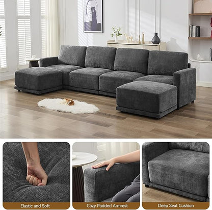 110.6" L-Shaped Modular Sectional Sofa Modern Chenille Comfy Couch with Thickened Seat Cushions, Easy Assembly, Upholstered 4 Seater Couch with Movable Ottoman for Living Room, Grey