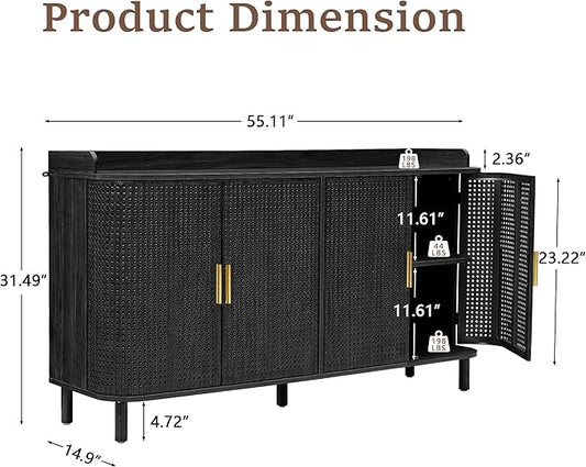 ORRD 4 Doors Storage Cabinet, 2 Tier Wooden Storage Organizer Cabinet with Adjustable Shelf, Sideboard Buffet Cabinets with Iron Curved Doors Accent Shoe Rack for Entryway Hallway Living Room (Black)