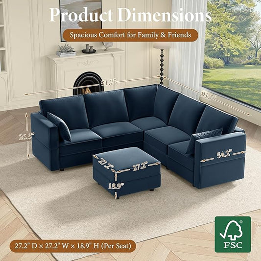 Vesgantti Sectional Couches with Storage Seats, 92" L Shaped Convertible Modular Sectional Sofa, 5 Seat & 1 Ottoman Velvet Storage Chaises Deep Seat Couch for Living Room, Bedroom, Apartment, Blue