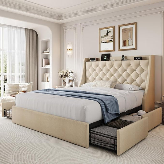 Full Size Upholstered Platform Bed Frame with 4 Storage Drawers and Charging Station, Linen Button Tufted Wingback Headboard, Sturdy Wooden Support Slats, No Box Spring Needed, Beige