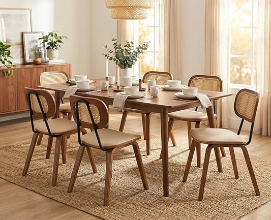 Mid-Century Dining Chairs Set of 6, PU Leather Kitchen Chairs with Rattan Backrest Wooden Legs Armless Design for Dining Room Living Room, Beige