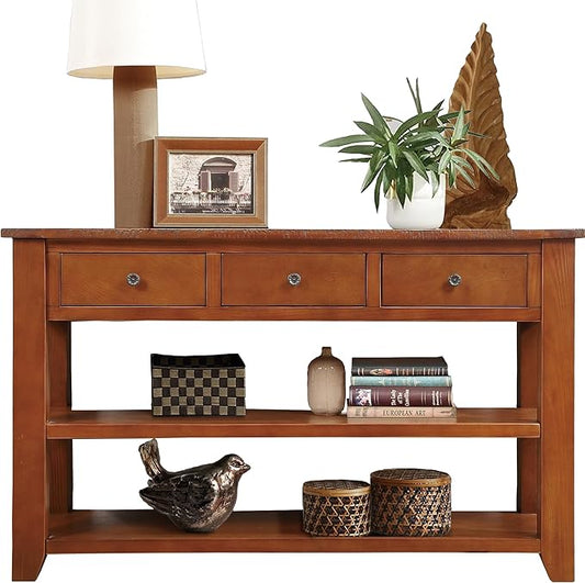 LKTART Solid Wood Console Table Entryway Table with Storage Drawers and Bottom Shelf Sofa Table for Entry Hallway Foyer Sofa Couch Table,Easy Assembly (48.8" Brown)