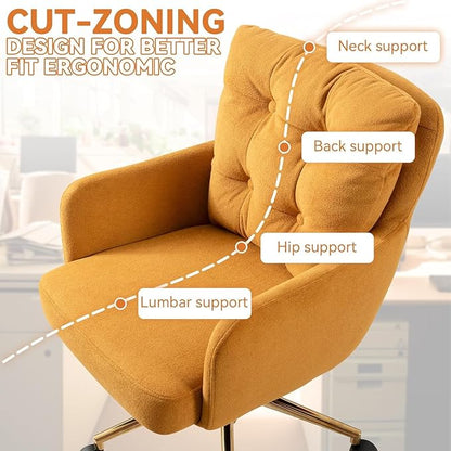 Velvet Office Chair, Comfy Home Office Desk Chairs with Lumbar Support, Modern Velvet Desk Chair Gold Legs Small Swivel Task Chair for Home Office, Bedroom, Study (Yellow, XL)