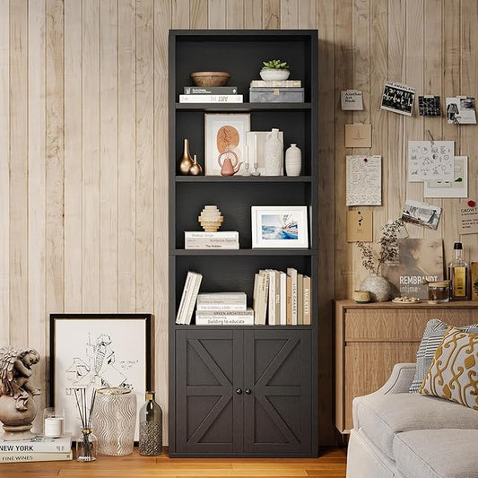 MXV Bookshelf Bookcase with Doors, 6 Tier 71" Tall Wooden Storage Shelves Organizer, Floor Standing Display Cabinet Shelves, Home Decor Furniture for Home Office, Living Room, Bedroom, Black