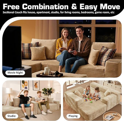 106" Cloud Sectional Couch with L-Shape Chaise & Ottoman, No Assembly Modular Sofa, Deep Seat Plush Corduroy Boneless Couched for Living Room (Beige Plush Corduroy, Left Facing Chaise with Ottoman)