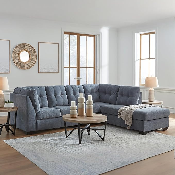 Signature Design by Ashley Marleton Contemporary Right-Arm Facing Tufted 2-Piece Sleeper Sectional with Chaise, Loose Seat Cushions and Bi-Fold Memory Foam Mattress, Full, Blue