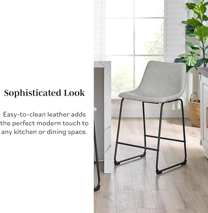 Walker Edison Douglas Urban Industrial Faux Leather Armless Counter Chairs, Set of 2, Grey