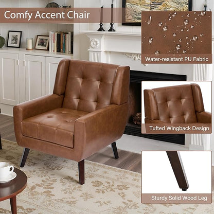 Faux Leather Accent Chairs Set of 4, Mid-Century Modern Upholstered Armchair, Comfy Living Room Chairs Reading Chairs with Button Tufted Back & Solid Wood Legs for Bedroom, Office, Coffee