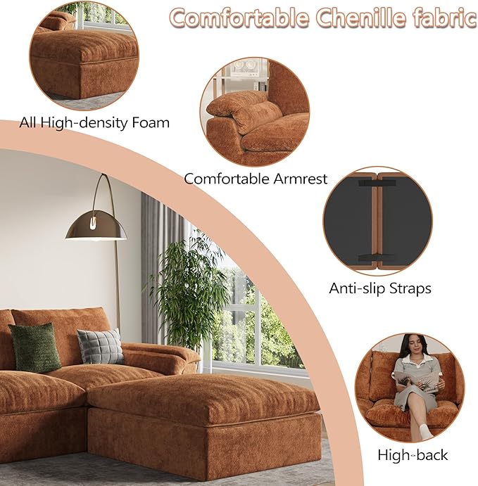 EASE MOOSE Oversized Cloud Couch Sectional Sofa, U-Shaped Modular Couch for Living Room, Minimalist Boneless Convertible Couches with Ottoman, 5-Seat Deep Sofas for Bedroom, Chenille (Brown)