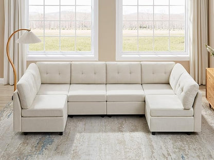 VANOMi 6 Seater Sectional Couches for Living Room, 118" Convertible Modular Cloud Sofa, Comfy Chenille Sofas & Couches for Living Room, Apartment, Office, Beige, L/U Shaped