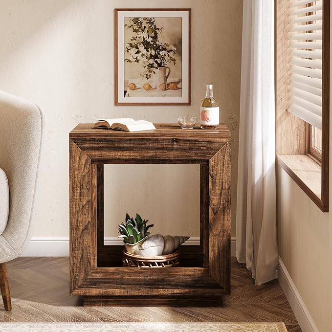 Tribesigns Rustic Brown End Table, 24" Side Table with Storage Shelf, Farmhouse Style Nightstand Bedside Table for Small Spaces, Bedroom, Living Room, Entryway, Easy Assembly (1, Brown)