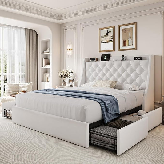 Queen Size Bed Frame with 4 Storage Drawers & Charging Station, Linen Upholstered Platform Bedframe, Button Tufted Wingback Headboard, Sturdy Wooden Slats, No Box Spring Needed, White