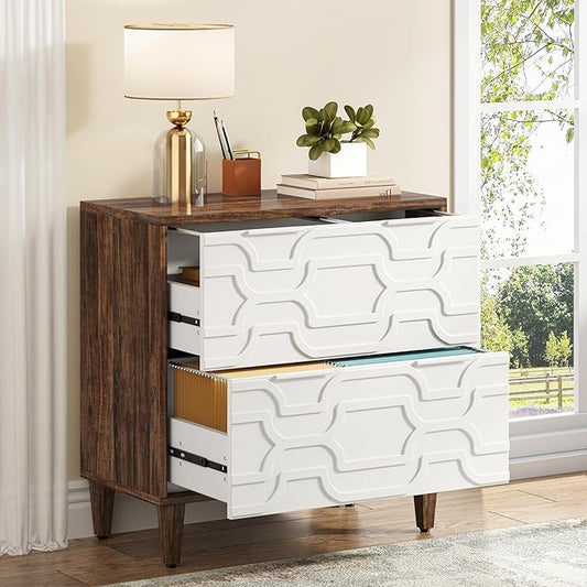 Tribesigns 2-Drawer File Cabinet, Lateral Filing Cabinet for A4/Letter/Legal Size, Office Storage Cabinet, Printer Stand with Storage Drawer for Home Office, White and Brown