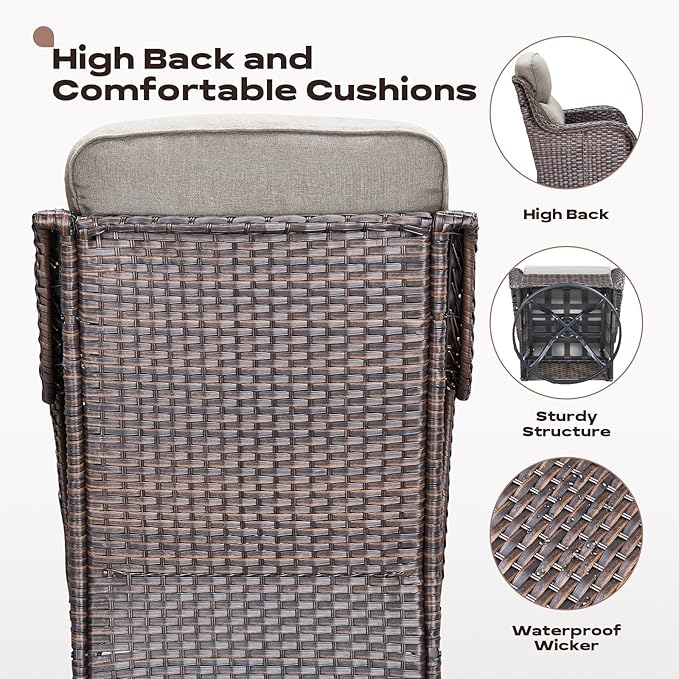 Rilyson Outdoor Patio Swivel Rocker Chairs Set of 2, Waterproof Wicker, High Back, Deep Seating, Wide Armrest, Upgraded 6 inch Thick Cushions, Side Table, Ideal for Deck Porch Yard, Brown/Beige