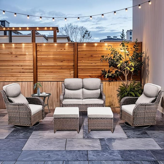 HUMMUH 6-Piece Outdoor Wicker Patio Furniture Set with Swivel Glider Chairs, Loveseat & Ottomans 5” Olefin Cushions Ergonomic Neck-Lumbar Backrest All-Weather Rattan for Garden, Deck, Porch