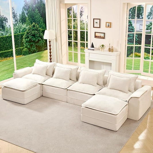Hobestluk 152" Cloud Modular Sectional Couch 4-Seater Sofa with Ottomans U Shaped Couch Deep Seat Sofa with Removable Cover for Living Room (Beige, 4-Seater Sofa with Two Ottomans)