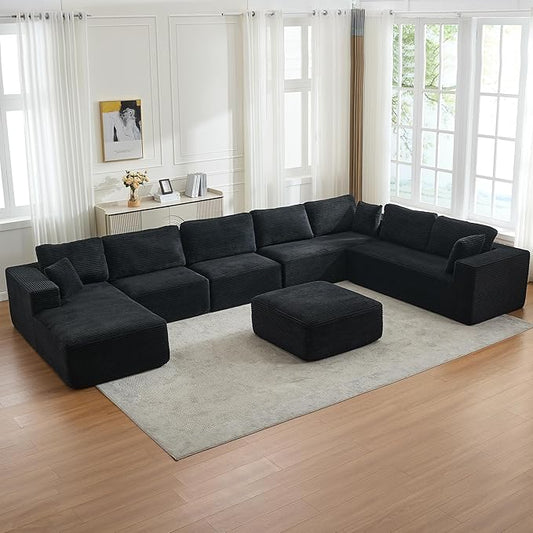 Modular Sectional Cloud Couch for Living Room,Modern Boneless Couche Set with Plush Corduroy,Comfy Floor Sofa with Memory Foam,Stupendous U Shaped Sofa with Ottoman,No Assembly Required,Black