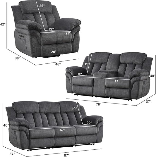 CANMOV Recliner Sofa Set, Oversize Power Lift Recliner Chair, Manual Loveseat and 3-Seat Sofa with Overstuffed Armrest for Living Room,Bedroom Furniture,Office,1+2+3 Seat Grey