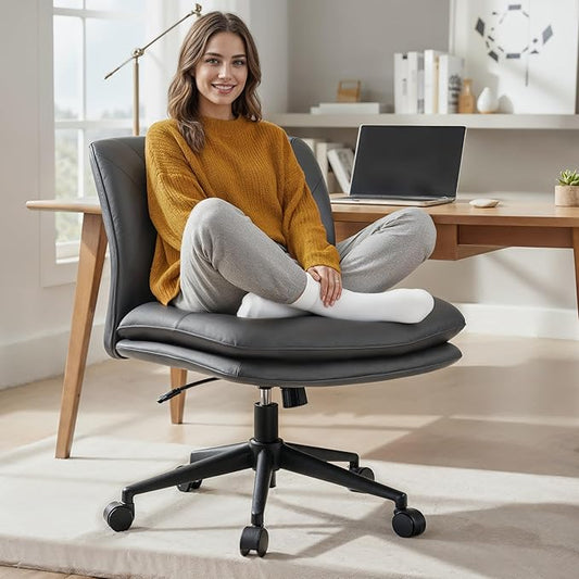 NYPOT Armless Desk Chair with Wheels for Criss Cross Sitting - Cross Legged Wide Armless Chair - Adjustable Vanity 360° Swivel Stool and 120° Rocking Wide Seat Comfy for Home and Office, Color Grey