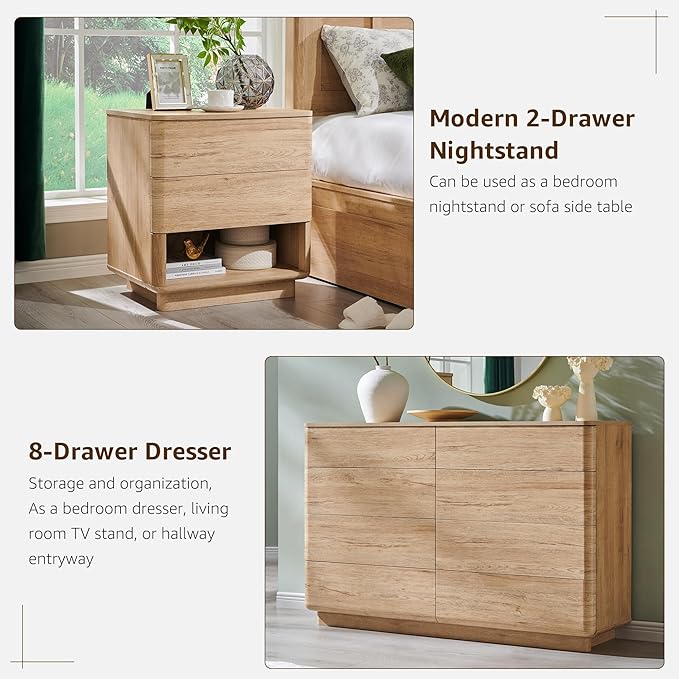 ACCOHOHO Modern Bedroom Set, 3 Pieces Bedroom Furniture Set, Includes 8 Drawers Dresser, 6 Dressers Organizer,Nightstand, Chest of Drawers Wide Storage Organizer Cabinet for Bedroom, Natural Oak