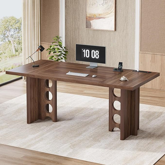 63 Inch Executive Desk, Large Computer Office Desks with Power Outlet, Modern Laptop Desk Writing Table Workstation Business Furniture (Brown)