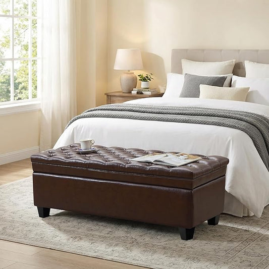 50" Faux Leather Storage Ottoman Bench, Rectangular End of Bed Storage Bench, Upholstered Large Tufted Ottoman with Storage for Living Room, Bedroom, Entryway,Dark Brown