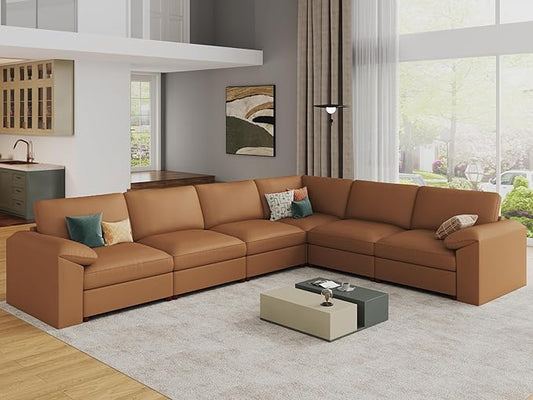 EASE MOOSE Leather Sectional Couch, Oversized Modular Sectional Sofas, Wide Deep Seat Modular Couch, Scratch Resistant Faux Leather Material, L Shaped Sofa for Big Spaces, Brown
