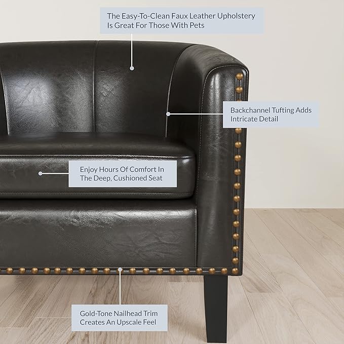 BELLEZE Accent Barrel Chair, Modern Faux Leather Tub Club Chair Upholstered Armchair with Gold Nail Head Trim and Black Legs for Living Room Bedroom Apartment Lounge - Dark Brown