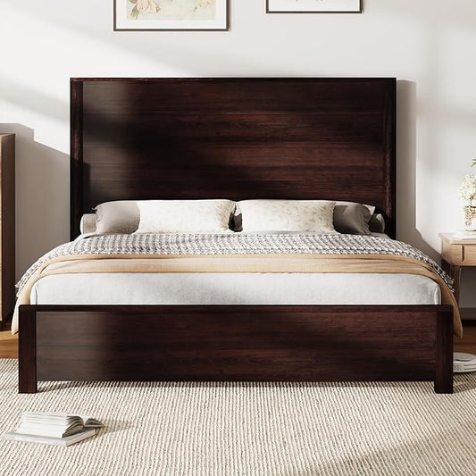 AMERLIFE Queen Size Bed Frame with 51.2" Spliced Headboard, Rustic Bedframe Wood Platform Bed/Wood Slats Support, No Box Spring Needed, Noiseless, Dark Brown