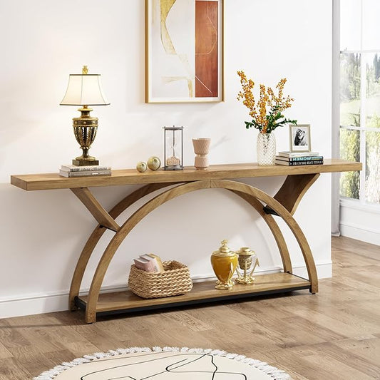 Tribesigns 70.87" Console Table with Storage Shelf, Narrow Long Sofa Table Behind Couch Table, 2-Tier Rustic Entryway Table with Half Moon Frame for Hallway Living Room, Gray & Black (Light Brown)