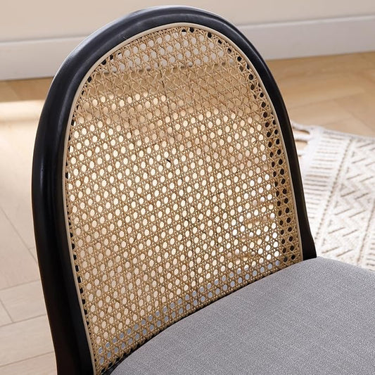 Rattan Dining Chairs Set of 2, Modern Dining Room Chairs with Cane Back Comfy Accent Kitchen Chair Upholstered Linen Fabric Chair for Restaurant/Living Room, Grey